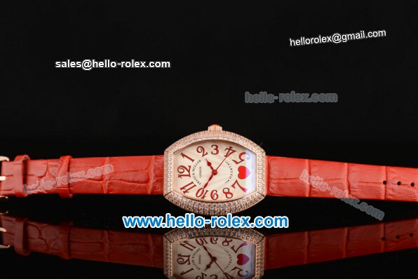 Franck Muller Heart Swiss Quartz Rose Gold Case with Red Leather Strap Diamond Bezel and White Dial - ETA Coating - Click Image to Close